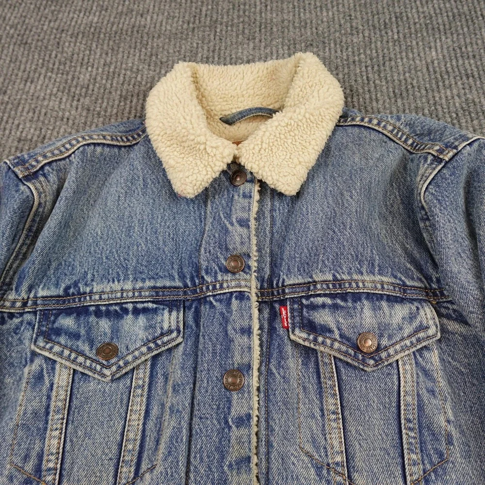 Levis Premium Denim Jacket Mens Small Blue Sherpa Lined Bomber Button Insulated